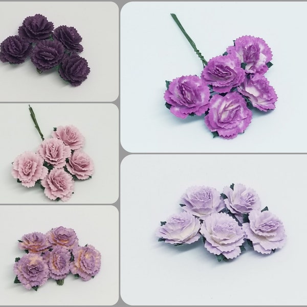 Promlee Flowers 25mm Purple/Lilac Carnation 5pk - Paper Flowers - Flower Embellishments - Mulberry Paper Flower - Carnation Flowers