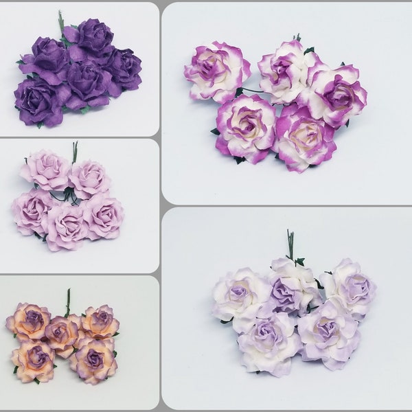 Promlee Flowers 30mm Purple/Lilac Cottage Roses 5pk - Paper Flowers - Embellishments - Mulberry Paper Flower - Promlee Flower - Cottage Rose