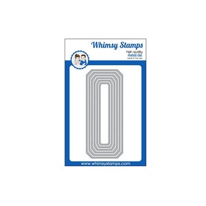 May include: A metal die set from Whimsy Stamps, featuring nested rectangular shapes with stitched edges. The die set is displayed on a white background with a blue border. The text "Whimsy Stamps" and "high quality metal die" are visible.