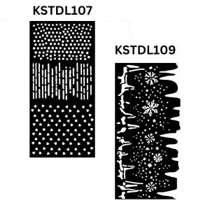 May include: Two black and white laser cut stencils. The first stencil, labeled "KSTD1107", features a repeating pattern of circles, lines, and triangles. The second stencil, labeled "KSTD1109", features a repeating pattern of snowflakes and a wavy line.
