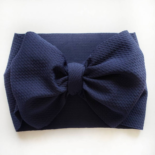 Navy blue bow, headwrap, newborn bow, toddler bow, big bow, fabric stretch head wrap, baby bow