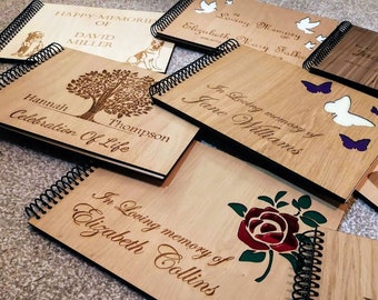 Rustic, Wooden, In Memory, Memorial, Personalised, Engraved Guest Book. Remembrance, Memories, Celebration Of Life. Golf, Football, Flowers.