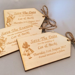 Rustic, Wooden, Alice in Wonderland, Tea Party, Afternoon Tea, Vintage Save The Date / Evening / Event Invitations, Engraved Luggage Tags.