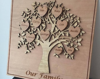 Personalised, Engraved, Wooden Family Tree Plaque (Cherry & Oak Wood) - Wedding, Anniversary, Housewarming, Mother's Day Or Birthday Gift.