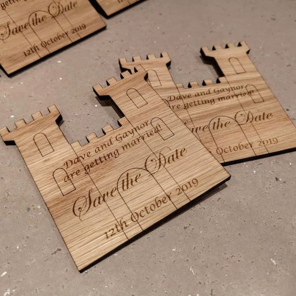 Personalised, Rustic, Laser Cut, Wood & Acrylic, Castle, Fort, King and Queen, Princess, Fairytale, Engraved Save The Date / Evening Tags