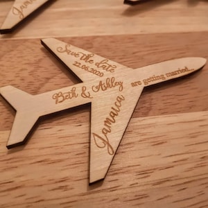 Personalised, Rustic, Laser Cut, Wood & Acrylic, Aeroplane, Overseas Abroad Wedding, Airplane, Beach, Travel, Engraved Save The Date Tags