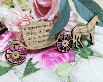 Personalised, Rustic Wooden, Vintage Country, Horse & Carriage, Cart, Equestrian, Princess, Fairy tale, Engraved Save The Date / Evening