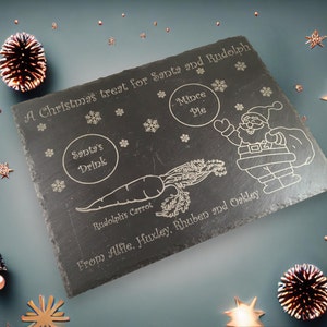 Santa and Rudolph snack slate, Christmas eve, Father Christmas treat, mince pie and milk, personalised, Rudolf&#39;s carrot.
