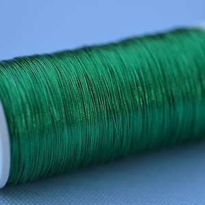 May include: A spool of emerald green metallic thread wound around a white plastic bobbin.