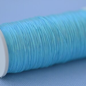 May include: A spool of light blue thread wound around a white plastic bobbin.