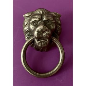 May include: A metallic door knocker featuring a detailed lion head sculpture with a textured mane and a circular ring held in its mouth. The finish is a muted, antique silver tone with dark highlights accentuating the facial features.
