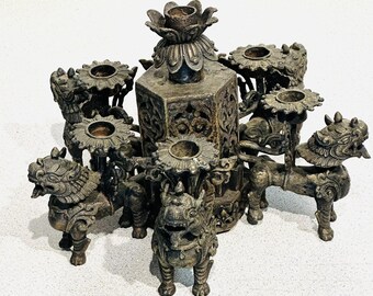 Antique Chinese Bronze Pixiu Kylin 6 Foo Dogs Candelabra Vintage Candle Holders