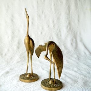 Brass Crane Egret Bird Sculpture Statue Figurine Pair