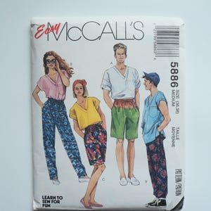 5886 Easy McCall’s Sewing Pattern Misses’, Men’s and Teen Boys’ Top and Pants or Shorts, Complete, Uncut, Size Medium 36, 38
