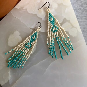 Turquoise and Cream Beaded Long Fringe Earrings - Seed Bead Earrings - Patterned Long Beaded Handmade Earring
