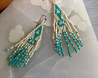 Turquoise and Cream Beaded Long Fringe Earrings - Seed Bead Earrings - Patterned Long Beaded Handmade Earring