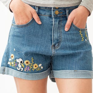 Cottagecore Denim Shorts, Sunflower, Snoopi and Wildflower Embroidered Jean Shorts, High Waisted 1970s Pants, Blue Jean Shorts