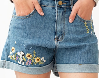 Cottagecore Denim Shorts, Sunflower, Snoopi and Wildflower Embroidered Jean Shorts, High Waisted 1970s Pants, Blue Jean Shorts