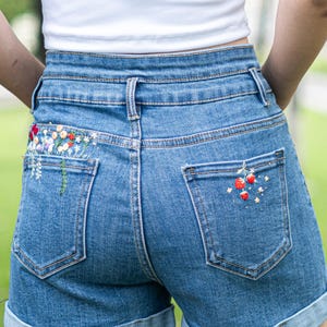 Wildflowers Embroidered Jeans, Stars and Strawberries Embroidered Denim Pants, Retro Vintage Style Handmade Jeans for Women, Gift for Her