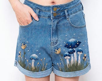 Blue Mushroom Embroidered Denim Shorts Women, Fairycore Woodland High Waisted Jean Shorts