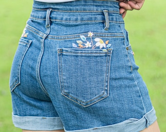 Plus Size Denim Shorts Women, Cute Embroidered Floral Jean Shorts, Blue Denim Shorts, Summer Outfit, Gift for Her