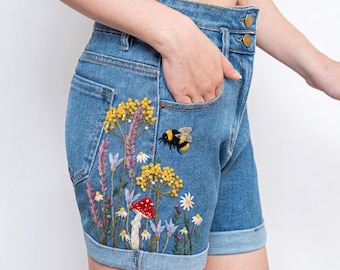 Bee Mushroom Wildflower Embroidered Denim Shorts Women, Cottagecore High Waisted Jean Shorts Summer Outfit