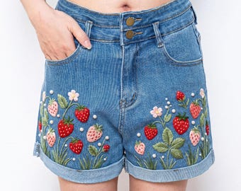 Strawberry Pearl Embroidered Denim Shorts Women, Cottagecore High Waisted Jean Shorts Summer Outfit