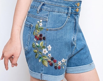 Blackberry Vine Embroidered Denim Shorts Women, Berry Blossom High Waisted Jean Shorts Summer Outfit