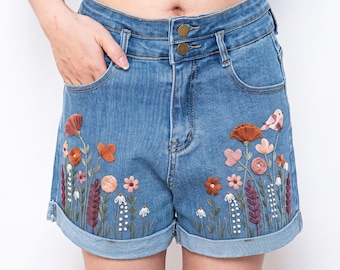 Rust Wildflower Bird Embroidered Denim Shorts Women, Cottagecore High Waisted Jean Shorts Outfit