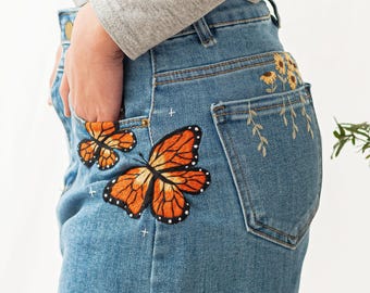 Butterfly Embroidered Denim Shorts, Floral Jean Shorts Women, Daisy Sunflower Shorts, High Waisted Cut Off Jeans, Gift for Daughter
