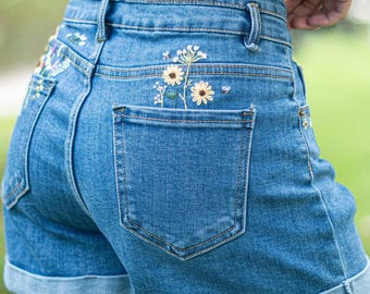 Hand Embroidered Floral Denim Shorts, Vintage Sunflower Jeans