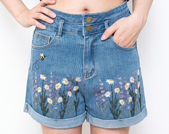 Bee Lavender Daisy Embroidered Denim Shorts Women, Cottagecore High Waisted Jean Shorts Summer Outfit