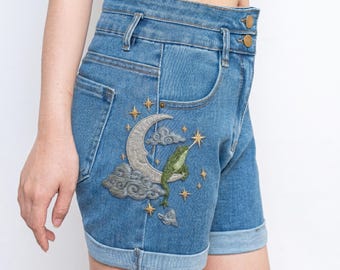 Frog Moon Embroidered Denim Shorts Women, Celestial Cottagecore High Waisted Jean Shorts Outfit