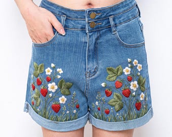 Strawberry Blossom Embroidered Denim Shorts Women, Cottagecore High Waisted Jean Shorts Summer Outfit