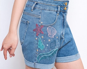 貝殻とヒトデの刺繍入りデニムショートパンツ（レディース）、オーシャンハイウエストジーンズショートパンツ（夏服）