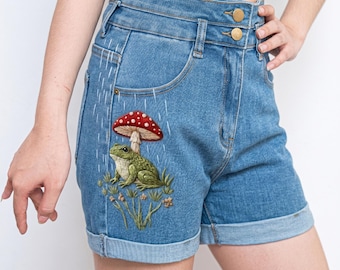 Frog Mushroom Rain Embroidered Denim Shorts Women, Fairycore High Waisted Jean Shorts