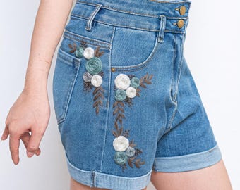Teal White Rose Embroidered Denim Shorts Women, Floral Rosette High Waisted Jean Shorts