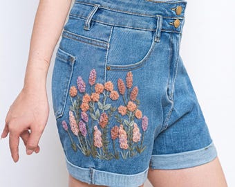 Pastel Lavender Wildflower Embroidered Denim Shorts Women, Cottagecore High Waisted Jean Shorts Outfit