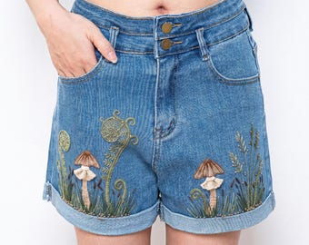 Mushroom Fern Embroidered Denim Shorts Women, Woodland Cottagecore High Waisted Jean Shorts Outfit