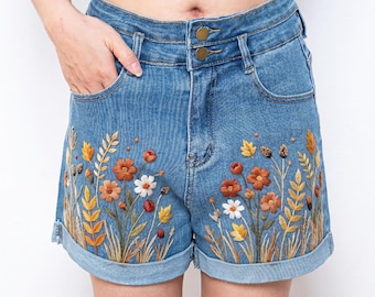 Autumn Wildflower Embroidered Denim Shorts Women, Fall Floral High Waisted Jean Shorts Outfit