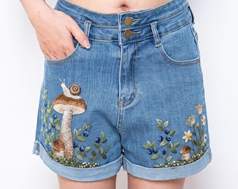 Snail Mushroom Blueberry Embroidered Denim Shorts Women, Woodland Cottagecore High Waisted Jean Shorts