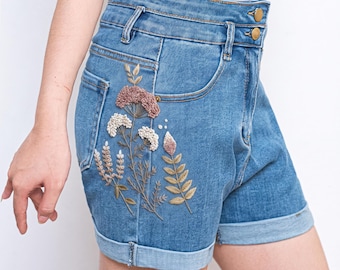 Mauve Yarrow Wildflower Embroidered Denim Shorts Women, Cottagecore High Waisted Jean Shorts Outfit
