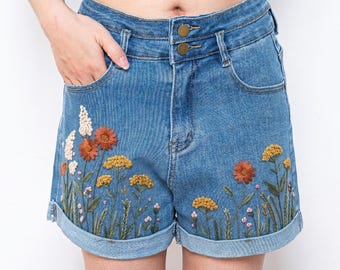 Autumn Yarrow Daisy Embroidered Denim Shorts Women, Fall Floral High Waisted Jean Shorts
