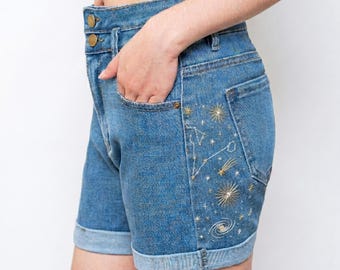 Constellation Galaxy Embroidered Denim Shorts Women, Celestial High Waisted Jean Shorts Starry Outfit