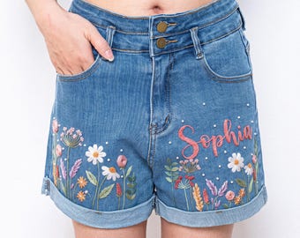 ソフィア・ワイルドフラワー刺繍入りデニムショートパンツ（女性用）、カスタムハイウエストジーンズショートパンツ