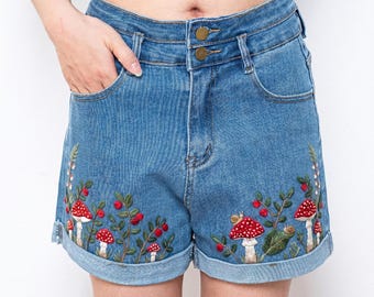 Mushroom Berry Embroidered Denim Shorts Women, Woodland Cottagecore High Waisted Jean Shorts Outfit