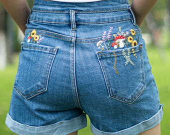 Custom Embroidered Jeans, Sunflowers Embroidered Jeans Short, Wildflowers and Mushrooms Embroidered Pants,Floral Short Jeans for Women