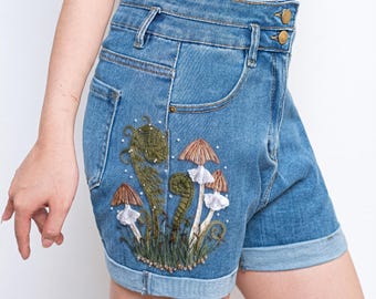 Fern Mushroom Embroidered Denim Shorts Women, Woodland Fairycore High Waisted Jean Shorts Outfit