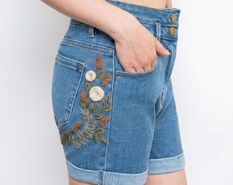 White Rose Seed Pod Embroidered Denim Shorts Women, Botanical High Waisted Jean Shorts