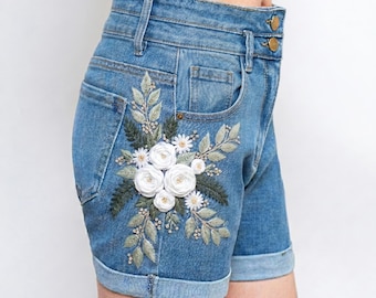 White Rose Bouquet Embroidered Denim Shorts Women, Botanical High Waisted Jean Shorts Summer Outfit
